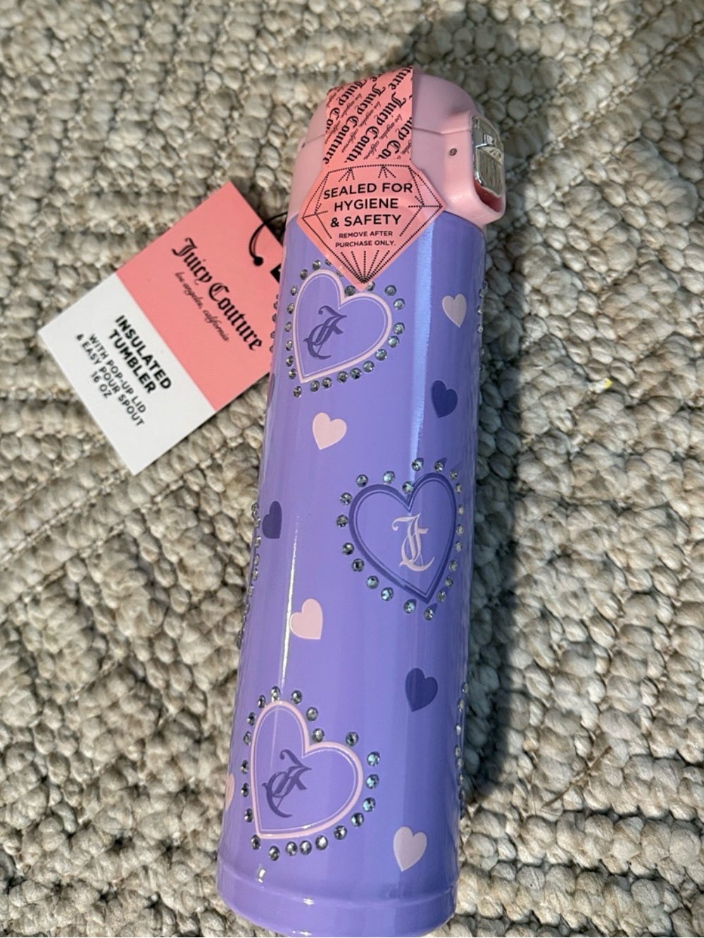 NWT Juicy Couture Purple Heart Rhinestone Insulated Tumbler with Pop-Up Lid 16oz